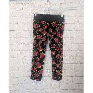 Betsey Johnson Performace Black Cropped Rose Print Leggings Activewear S